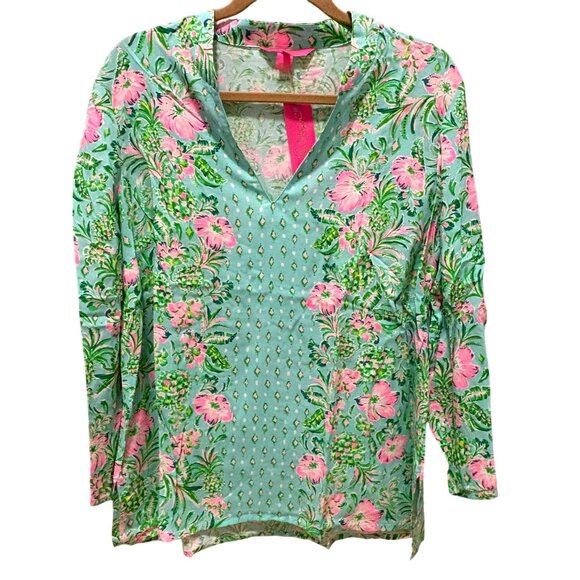 Lilly Pulitzer "Oh Diamond Girl" Luna Bay Tunic Surf Blue Floral Print Women's L - Picture 4 of 7